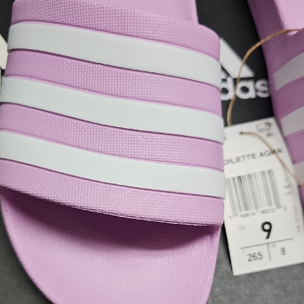 Adidas Lavender Slides with White Stripes - Picture 2 of 5